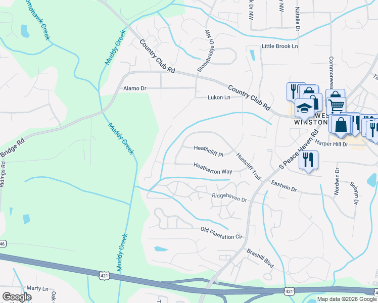 map of restaurants, bars, coffee shops, grocery stores, and more near 245 Heathcliff Place in Winston-Salem