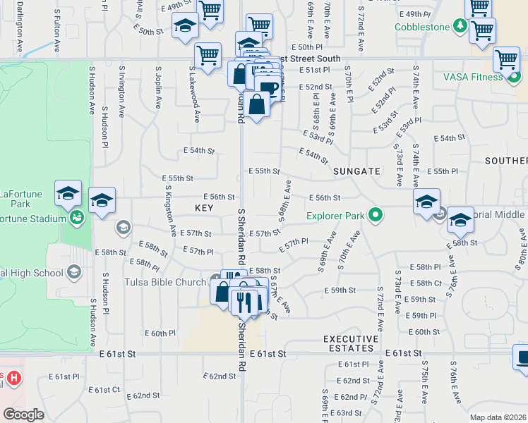 map of restaurants, bars, coffee shops, grocery stores, and more near 6539 East 56th Place in Tulsa