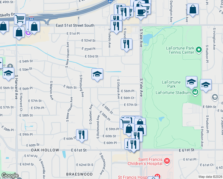 map of restaurants, bars, coffee shops, grocery stores, and more near 4528 East 56th Street in Tulsa
