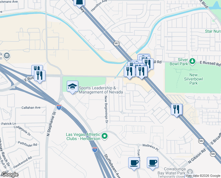 map of restaurants, bars, coffee shops, grocery stores, and more near 5882 Crumbling Ridge Street in Henderson