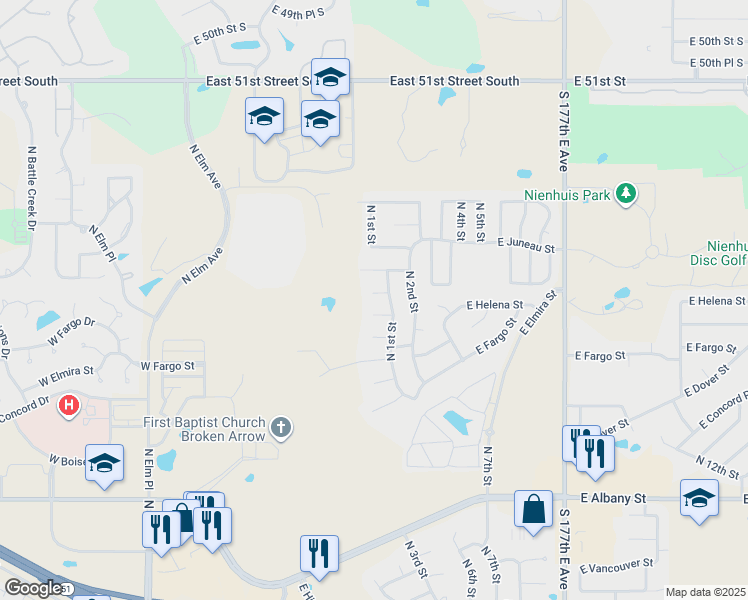 map of restaurants, bars, coffee shops, grocery stores, and more near 3115 North 1st Street in Broken Arrow