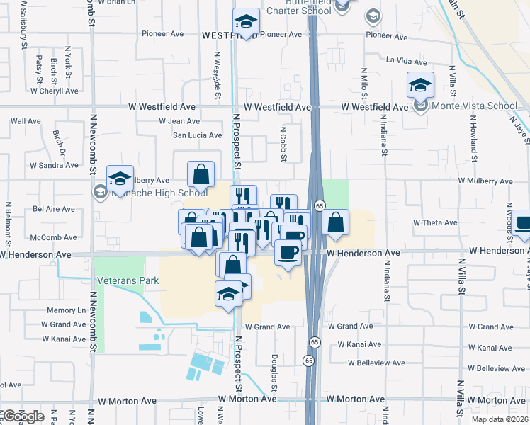 map of restaurants, bars, coffee shops, grocery stores, and more near 1161 Bel Aire Circle in Porterville