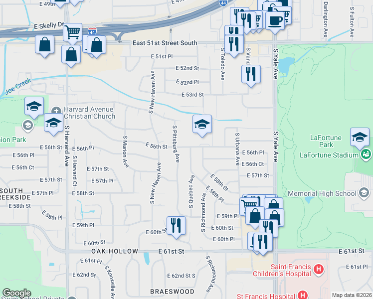 map of restaurants, bars, coffee shops, grocery stores, and more near 4126 East 56th Street in Tulsa