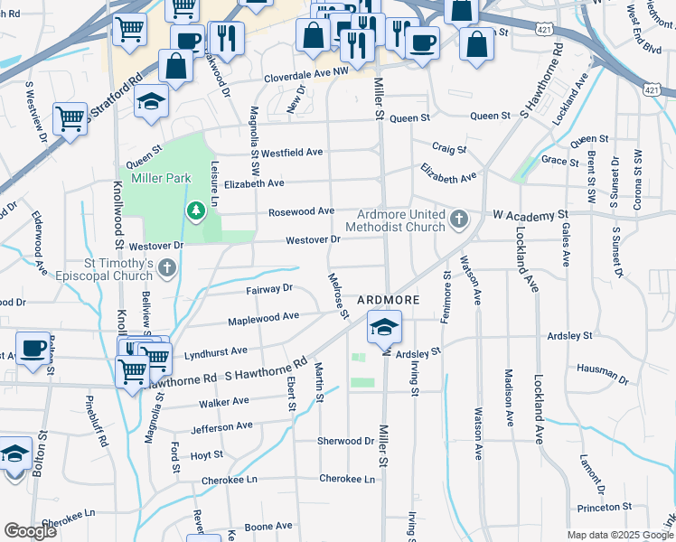 map of restaurants, bars, coffee shops, grocery stores, and more near 803 Melrose Street in Winston-Salem