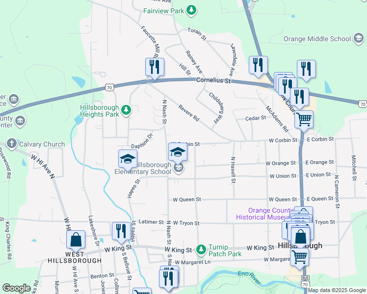 map of restaurants, bars, coffee shops, grocery stores, and more near 409 West Corbin Street in Hillsborough