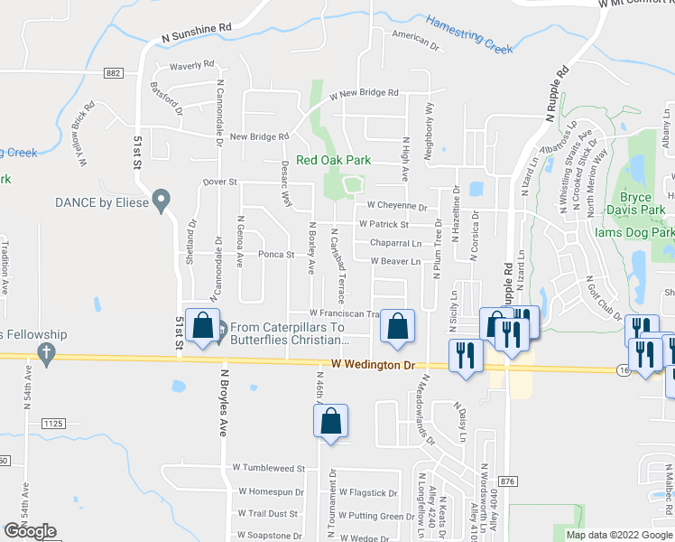 map of restaurants, bars, coffee shops, grocery stores, and more near 1393 North Carlsbad Terrace in Fayetteville