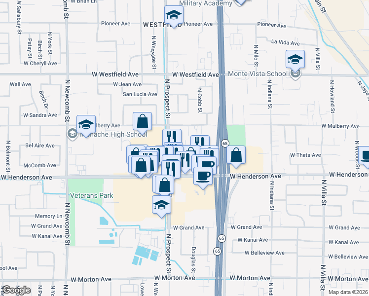 map of restaurants, bars, coffee shops, grocery stores, and more near 1133 Bel Aire Circle in Porterville