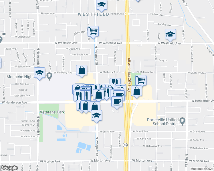 map of restaurants, bars, coffee shops, grocery stores, and more near 1123 Bel Aire Circle in Porterville