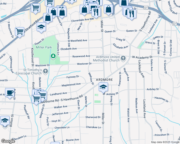 map of restaurants, bars, coffee shops, grocery stores, and more near 803 Melrose Street in Winston-Salem