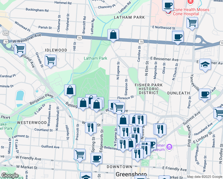 map of restaurants, bars, coffee shops, grocery stores, and more near 817 North Eugene Street in Greensboro
