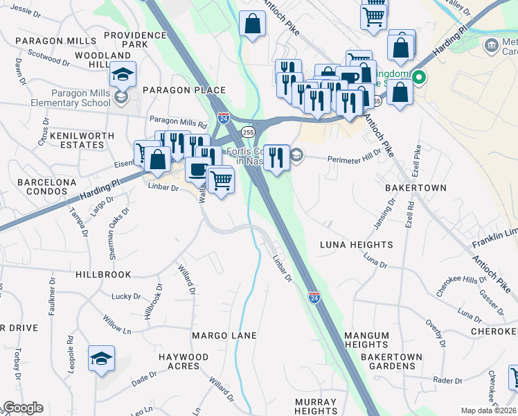 map of restaurants, bars, coffee shops, grocery stores, and more near 5042 Linbar Drive in Nashville