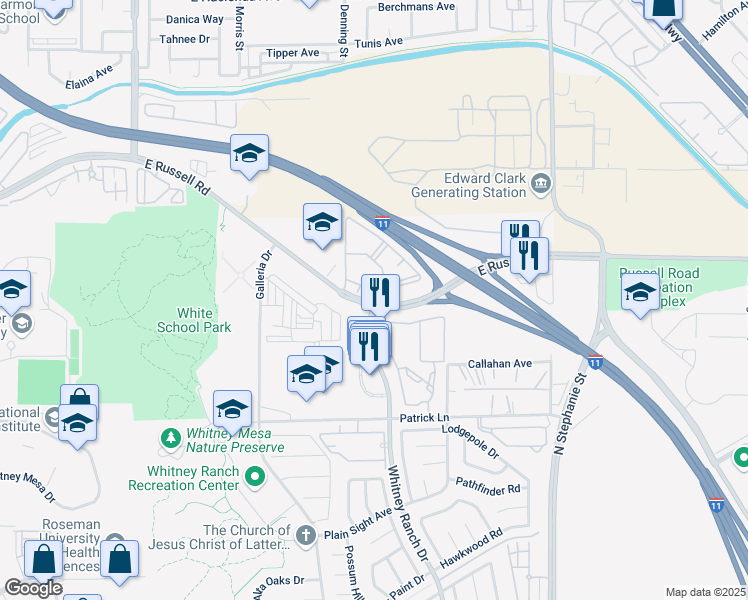 map of restaurants, bars, coffee shops, grocery stores, and more near 5600 East Russell Road in Las Vegas