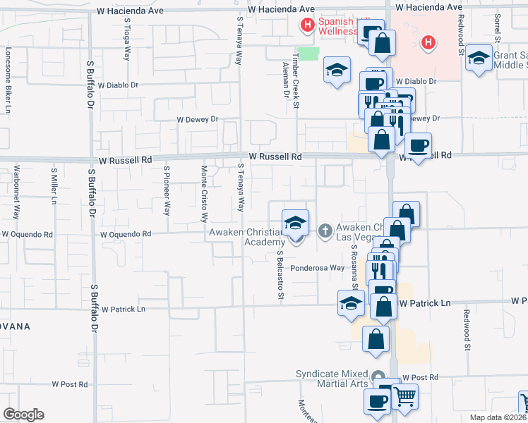 map of restaurants, bars, coffee shops, grocery stores, and more near 7322 Purple Shadow Avenue in Las Vegas