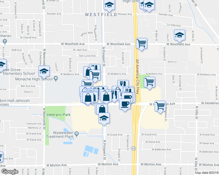 map of restaurants, bars, coffee shops, grocery stores, and more near 1171 Bel Aire Circle in Porterville