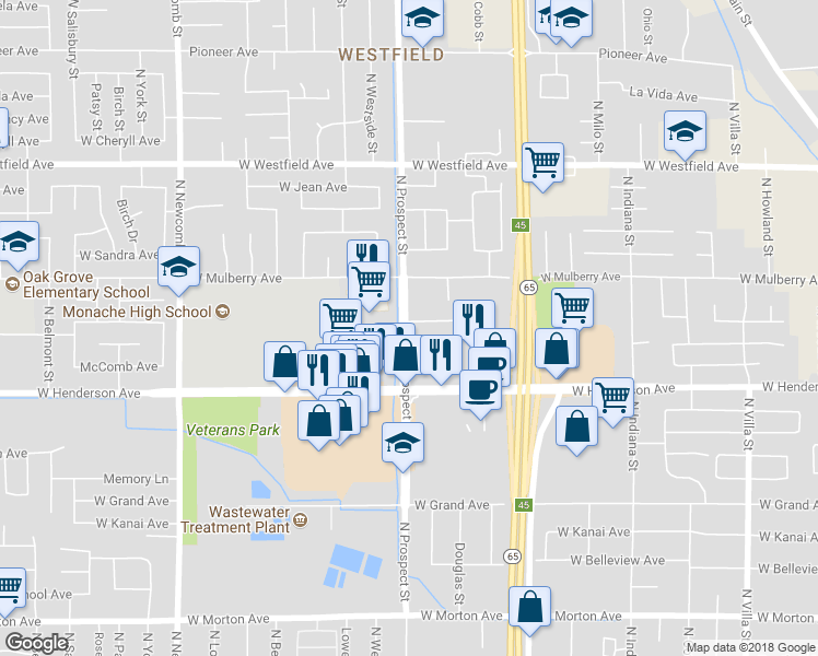 map of restaurants, bars, coffee shops, grocery stores, and more near 1191 Bel Aire Circle in Porterville