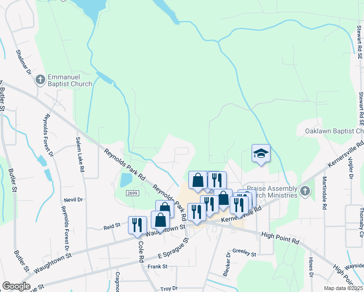 map of restaurants, bars, coffee shops, grocery stores, and more near 5-99 Salem Gardens Drive in Winston-Salem