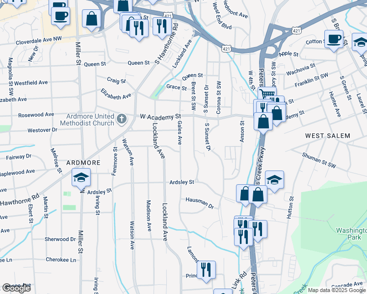 map of restaurants, bars, coffee shops, grocery stores, and more near 724 Gales Avenue in Winston-Salem