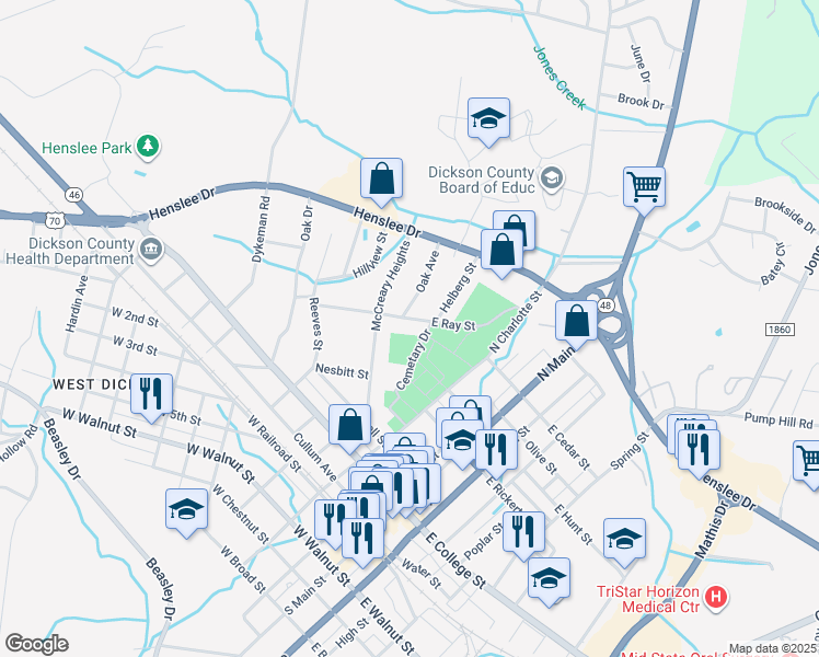 map of restaurants, bars, coffee shops, grocery stores, and more near 110 East Ray Street in Dickson