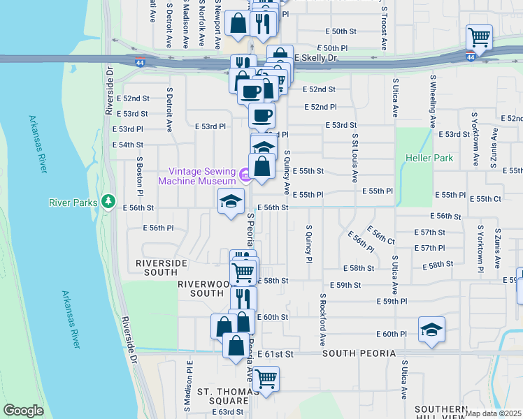 map of restaurants, bars, coffee shops, grocery stores, and more near 5608 South Quaker Avenue in Tulsa