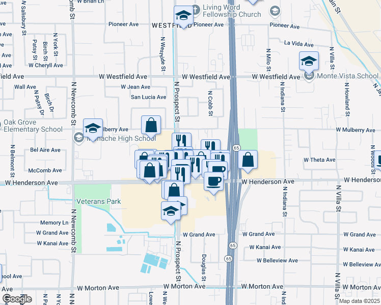 map of restaurants, bars, coffee shops, grocery stores, and more near 1161 Bel Aire Circle in Porterville