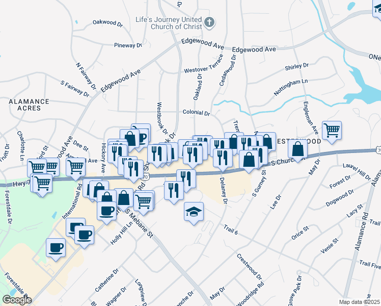 map of restaurants, bars, coffee shops, grocery stores, and more near 2516 Maury Arch South in Burlington