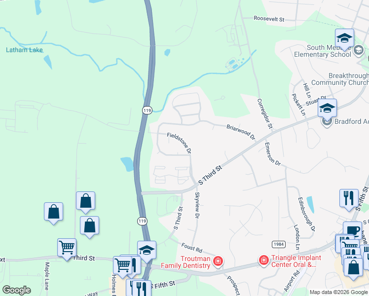 map of restaurants, bars, coffee shops, grocery stores, and more near 1115 Fieldstone Drive in Mebane