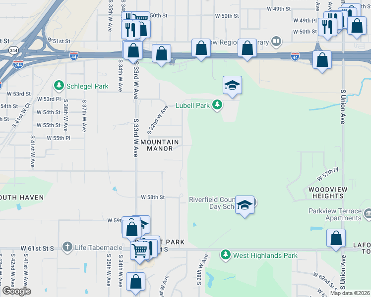 map of restaurants, bars, coffee shops, grocery stores, and more near 5605 South 30th West Avenue in Tulsa