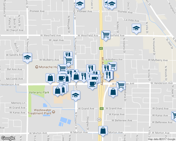 map of restaurants, bars, coffee shops, grocery stores, and more near 1101 Bel Aire Circle in Porterville