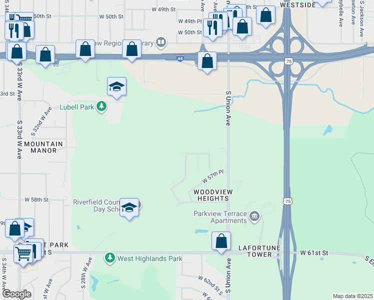 map of restaurants, bars, coffee shops, grocery stores, and more near 1923 West 56th Street in Tulsa