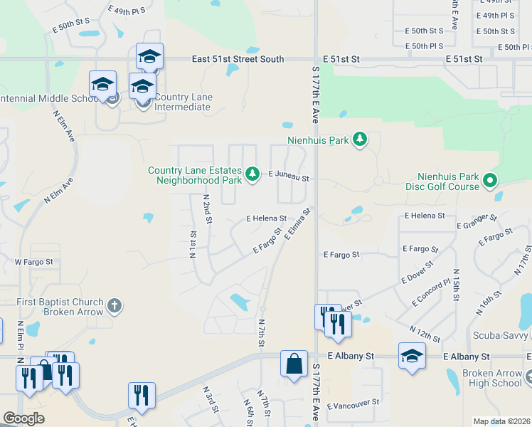 map of restaurants, bars, coffee shops, grocery stores, and more near 600 East Helena Street in Broken Arrow