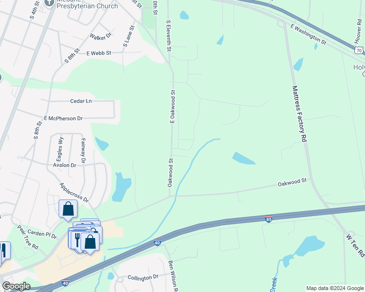 map of restaurants, bars, coffee shops, grocery stores, and more near 1015 Abbott Street in Mebane