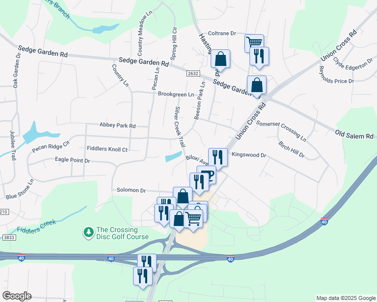 map of restaurants, bars, coffee shops, grocery stores, and more near 385 Silver Creek Trail in Kernersville