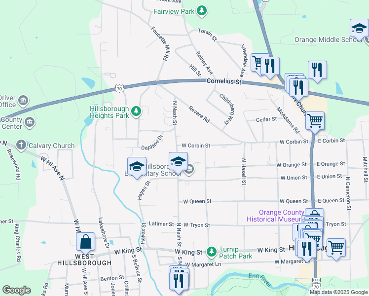 map of restaurants, bars, coffee shops, grocery stores, and more near 409 West Corbin Street in Hillsborough