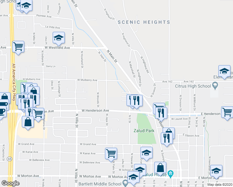 map of restaurants, bars, coffee shops, grocery stores, and more near 882 North Jaye Street in Porterville