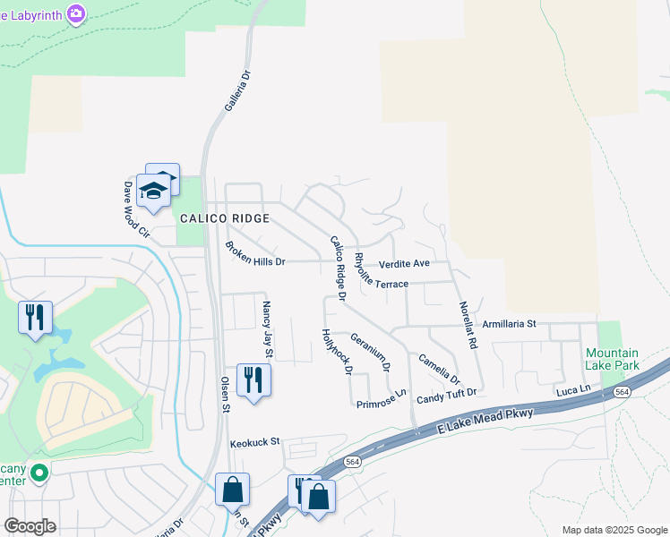 map of restaurants, bars, coffee shops, grocery stores, and more near 1112 Calico Ridge Drive in Henderson