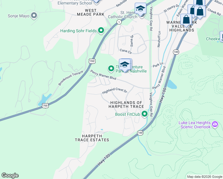 map of restaurants, bars, coffee shops, grocery stores, and more near 821 Highland Crest Drive in Nashville