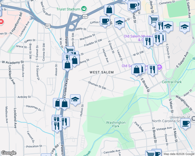 map of restaurants, bars, coffee shops, grocery stores, and more near 816 Holland Street Southwest in Winston-Salem