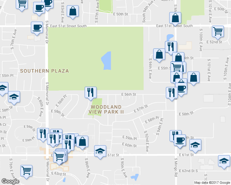 map of restaurants, bars, coffee shops, grocery stores, and more near 8903 East 56th Street in Tulsa