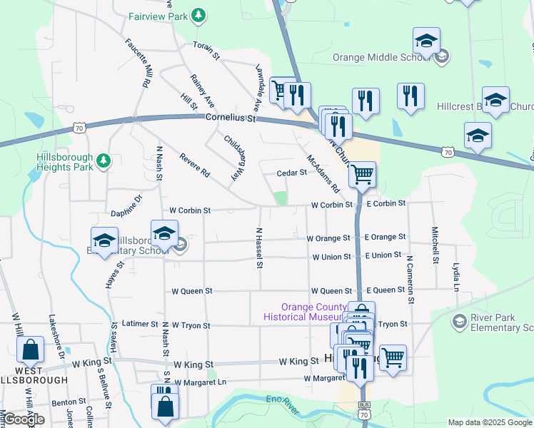 map of restaurants, bars, coffee shops, grocery stores, and more near 227 West Corbin Street in Hillsborough