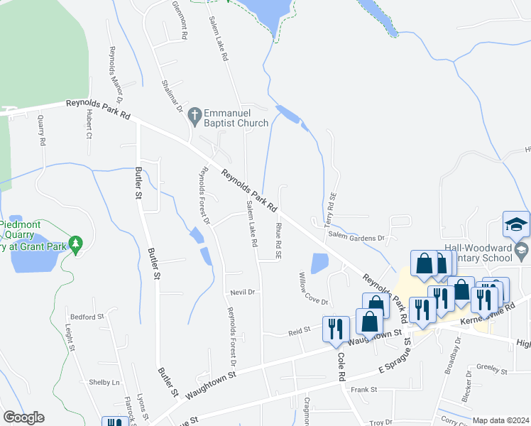 map of restaurants, bars, coffee shops, grocery stores, and more near 2818 Reynolds Park Road in Winston-Salem