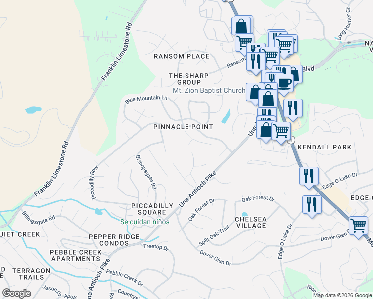 map of restaurants, bars, coffee shops, grocery stores, and more near 308 Bristol Mountain Court in Nashville