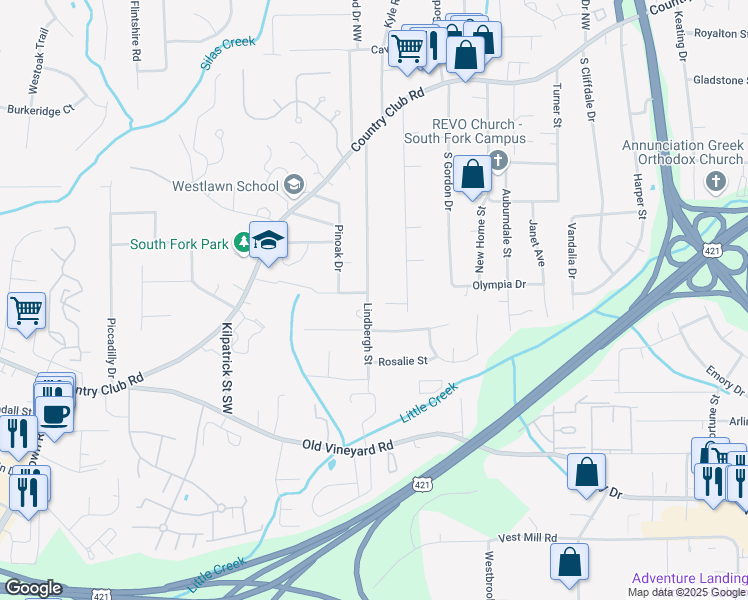 map of restaurants, bars, coffee shops, grocery stores, and more near 301 Lindbergh Street in Winston-Salem