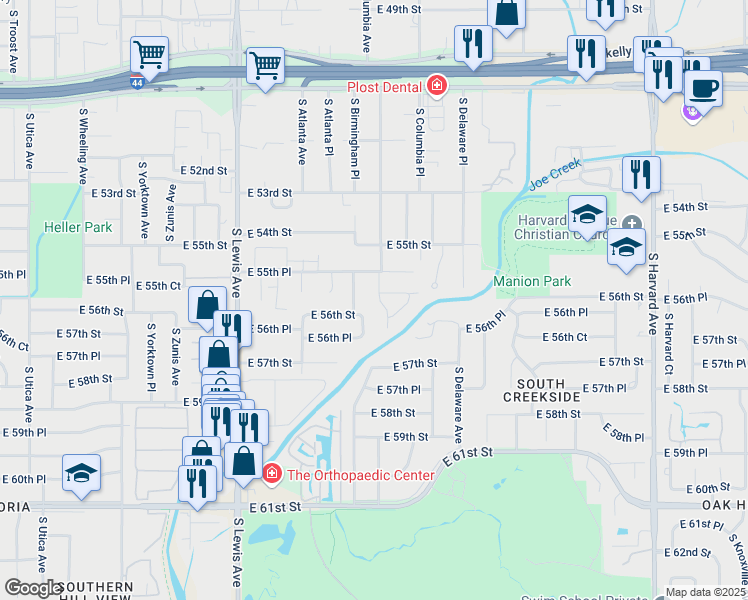 map of restaurants, bars, coffee shops, grocery stores, and more near 5610 South Columbia Avenue in Tulsa