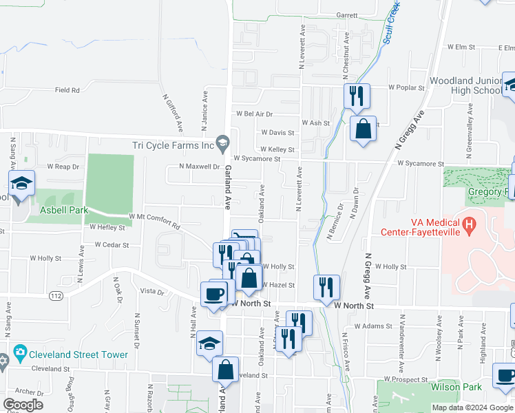 map of restaurants, bars, coffee shops, grocery stores, and more near 1511 Oakland Avenue in Fayetteville