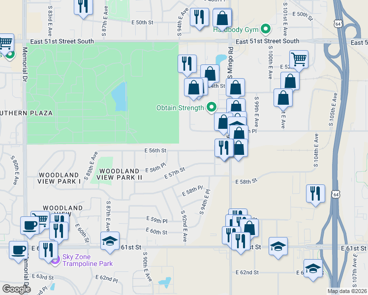 map of restaurants, bars, coffee shops, grocery stores, and more near 9313 East 56th Street in Tulsa