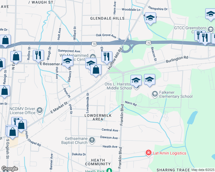 map of restaurants, bars, coffee shops, grocery stores, and more near in Greensboro