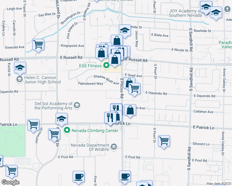 map of restaurants, bars, coffee shops, grocery stores, and more near 3365 East Oquendo Road in Las Vegas