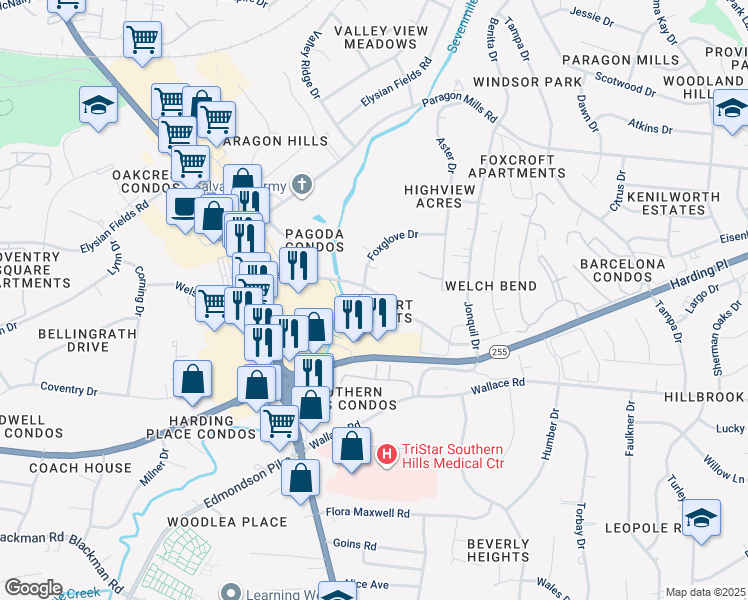 map of restaurants, bars, coffee shops, grocery stores, and more near 247 Welch Road in Nashville