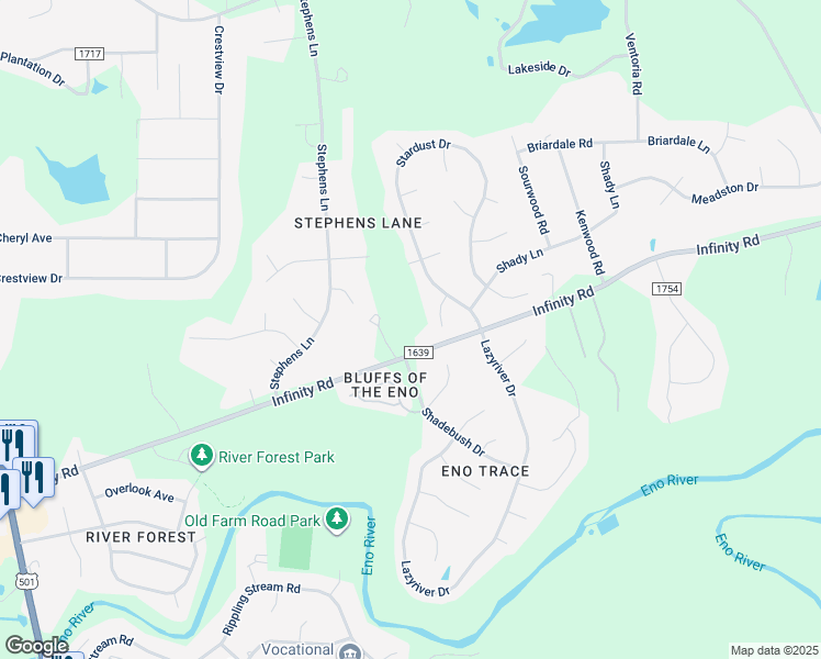 map of restaurants, bars, coffee shops, grocery stores, and more near 815 Infinity Road in Durham