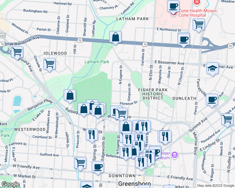 map of restaurants, bars, coffee shops, grocery stores, and more near 815 North Eugene Street in Greensboro
